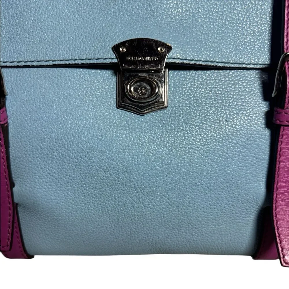 DOLCE & GABBANA Blue Leather Briefcase Backpack Top Handle Satchel Fuchsia Strap